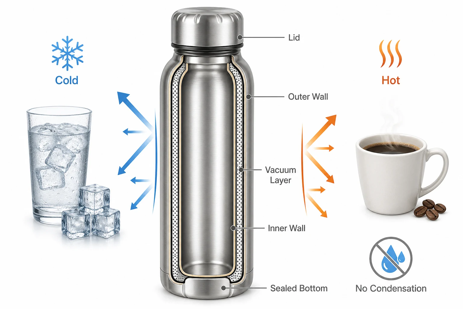 Double wall vacuum insulation structure for stainless steel insulated bottles