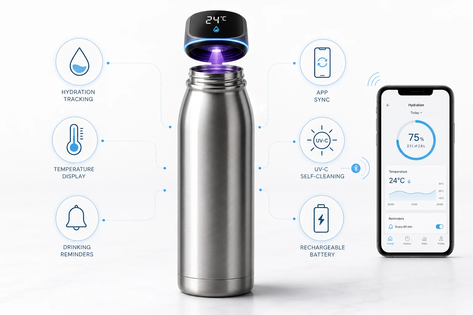 Smart insulated bottle with temperature display app sync and UV-C self-cleaning cap