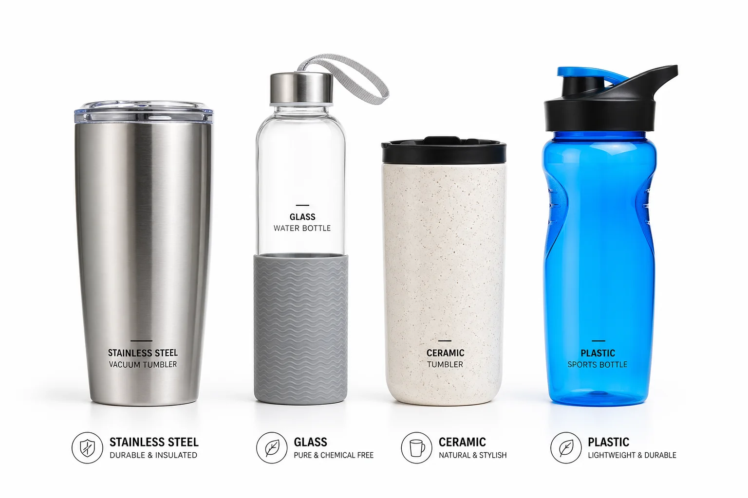 Insulated water bottle materials comparison - stainless steel, glass, ceramic, plastic
